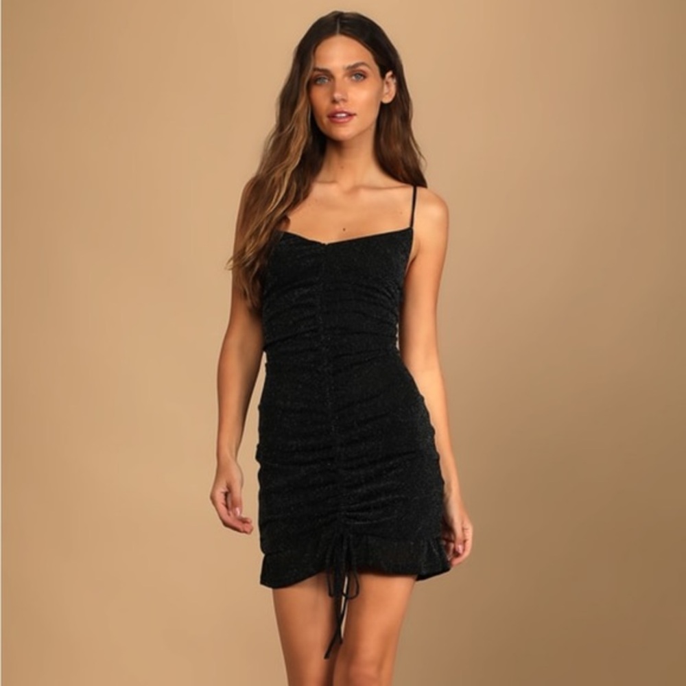 Lulus Talk of the Party Black Sparkly Ruched Bodycon Mini Dress